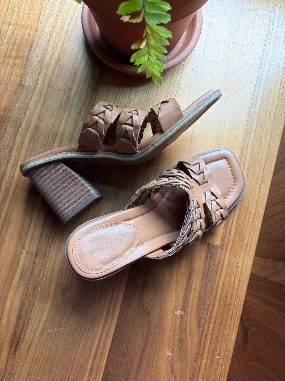 Marc Fisher Tan Woven Leather Block Heel Mules